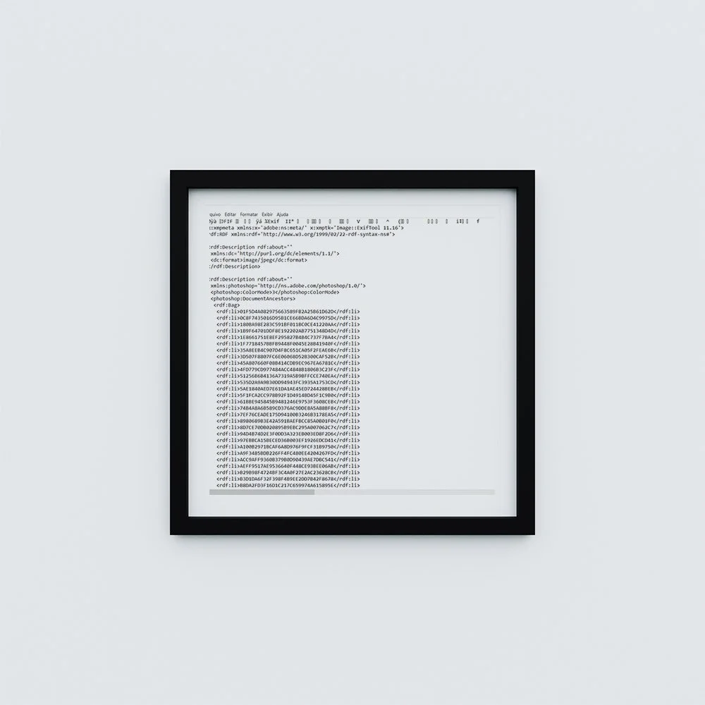 Framed digital document or code displayed on a wall.