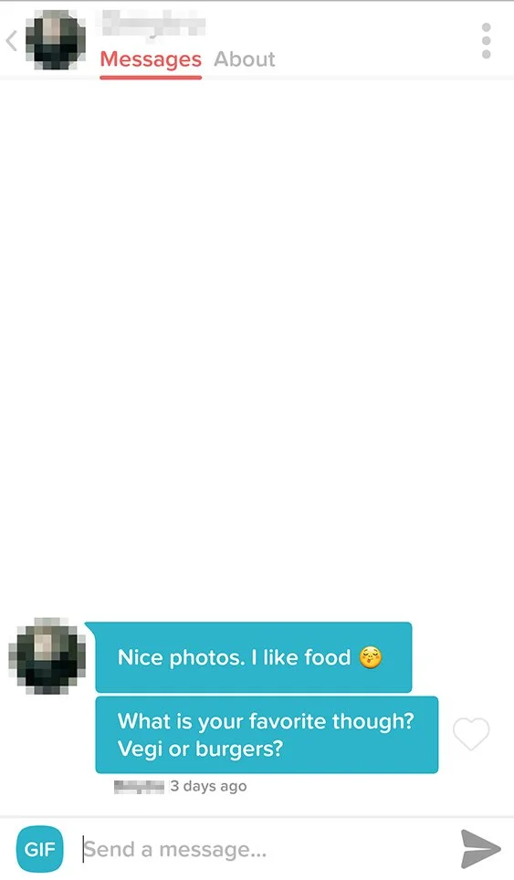 Screenshot of a messaging app conversation with a blurred profile picture at the top, displaying messages that say: 'Nice photos. I like food 😋' and 'What is your favorite though? Vegi or burgers?'