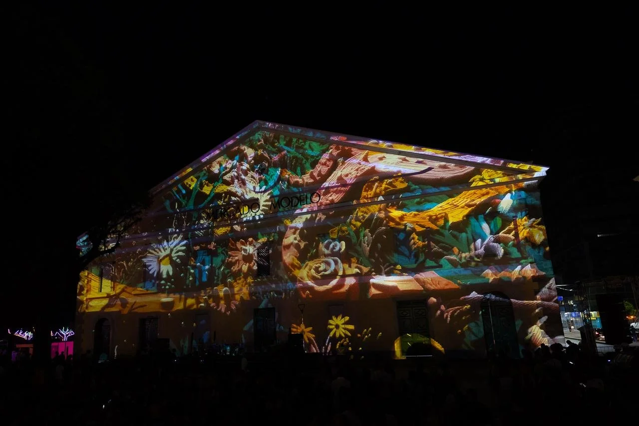 Nighttime outdoor projection of colorful floral artwork on the side of a building.