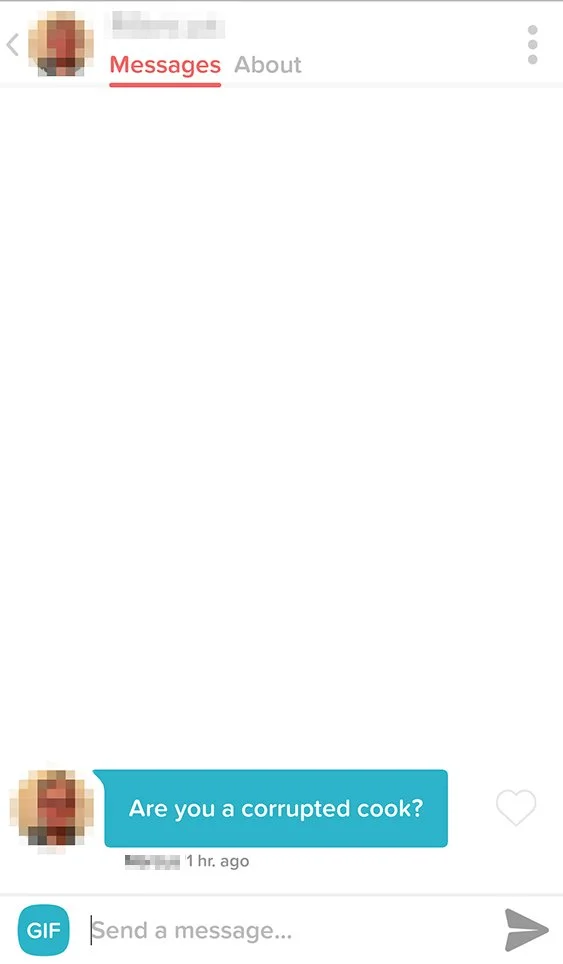 A messaging app screen showing a message asking, 'Are you a corrupted cook?' with a pixelated profile picture at the top left.