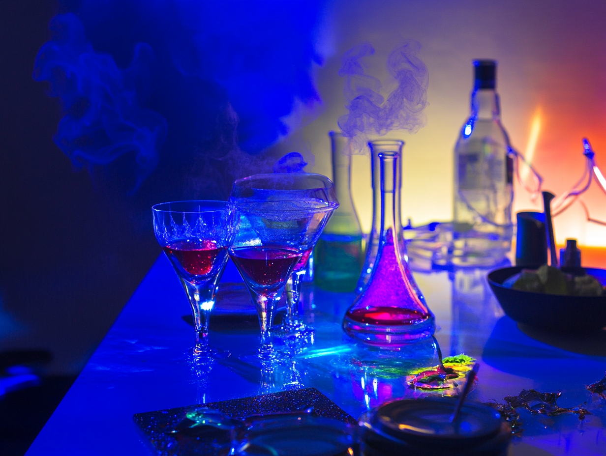 A science experiment setup with colorful glowing liquids in beakers and glasses, emitting smoke and illuminated by blue, purple, and orange LED lights on a table.
