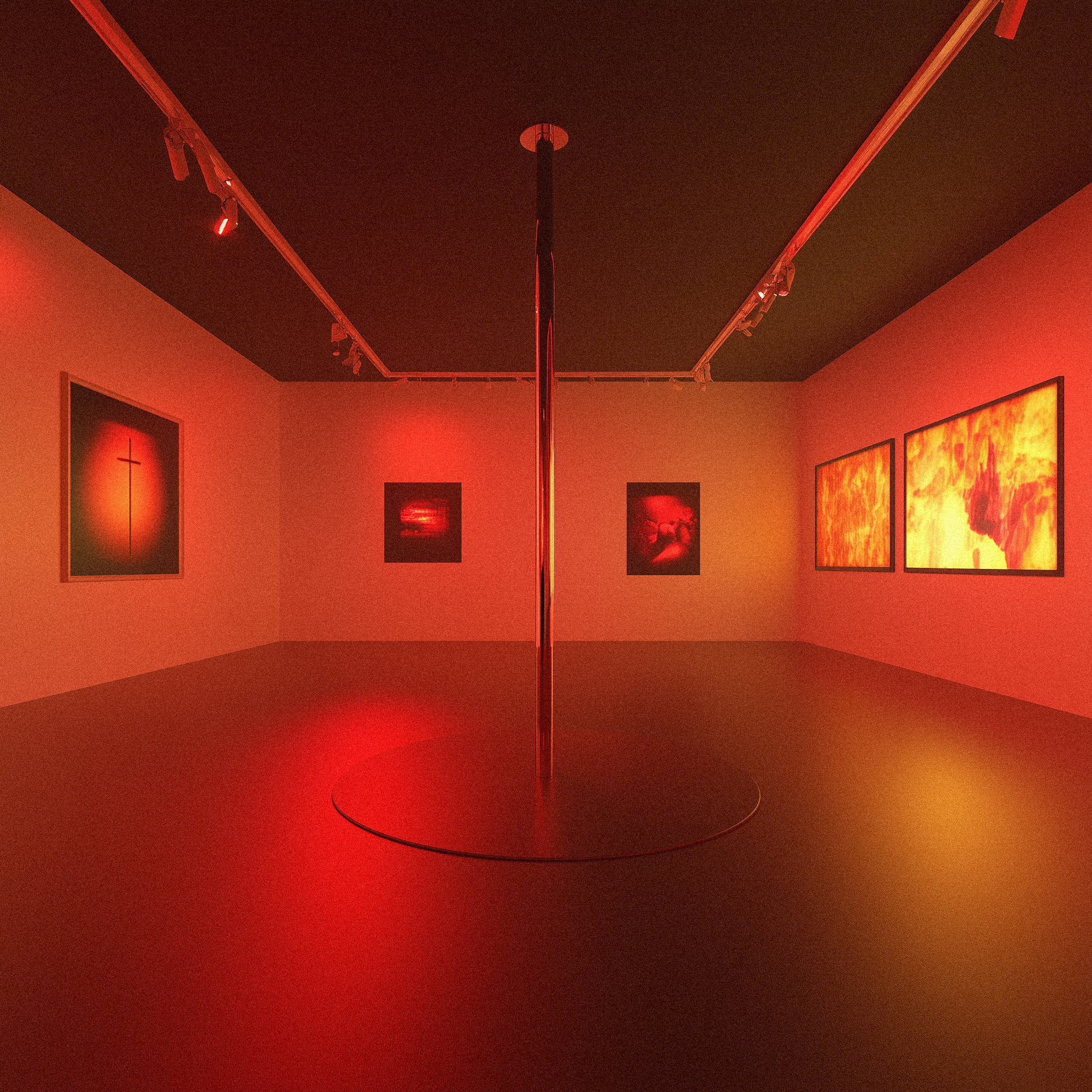 An art gallery with red lighting, displaying various abstract paintings. A central pole extends from the floor to the ceiling, with track lighting illuminating the artworks.