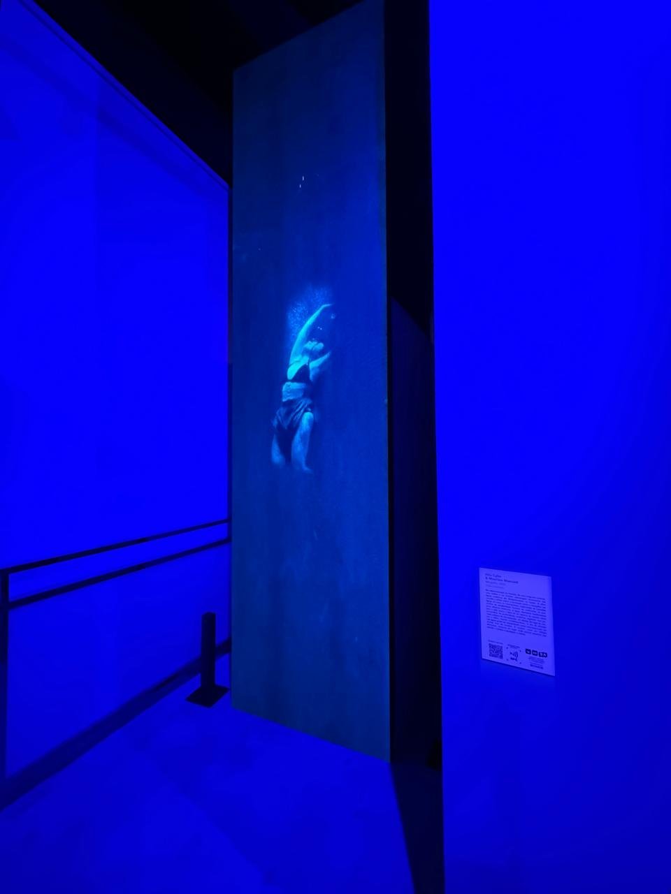 An art installation with a large vertical screen displaying an underwater scene with a swimmer, illuminated in blue light inside a dark room.