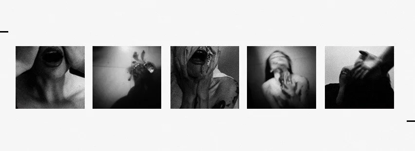 A collage of five black and white photos depicting a woman with different emotional expressions and poses.