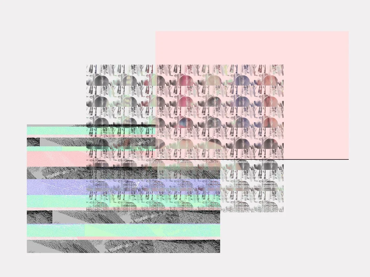 Abstract digital glitch art with overlaps of pastel-colored and black-and-white patterns, distorted and layered visual elements.