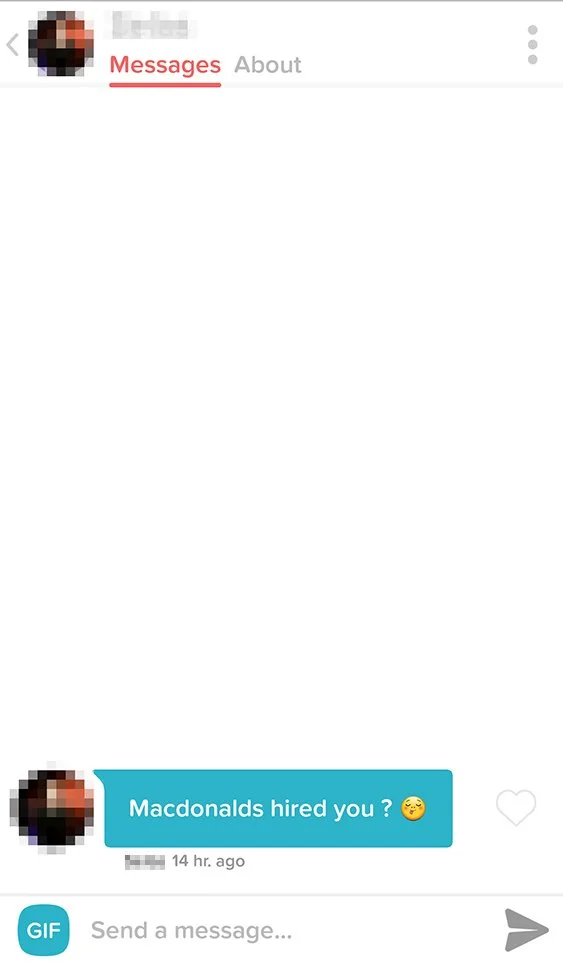 A screenshot of a messaging app chat window with a message asking, 'Macdonalds hired you ?' accompanied by a thinking face emoji, and a blurred profile picture of a person.
