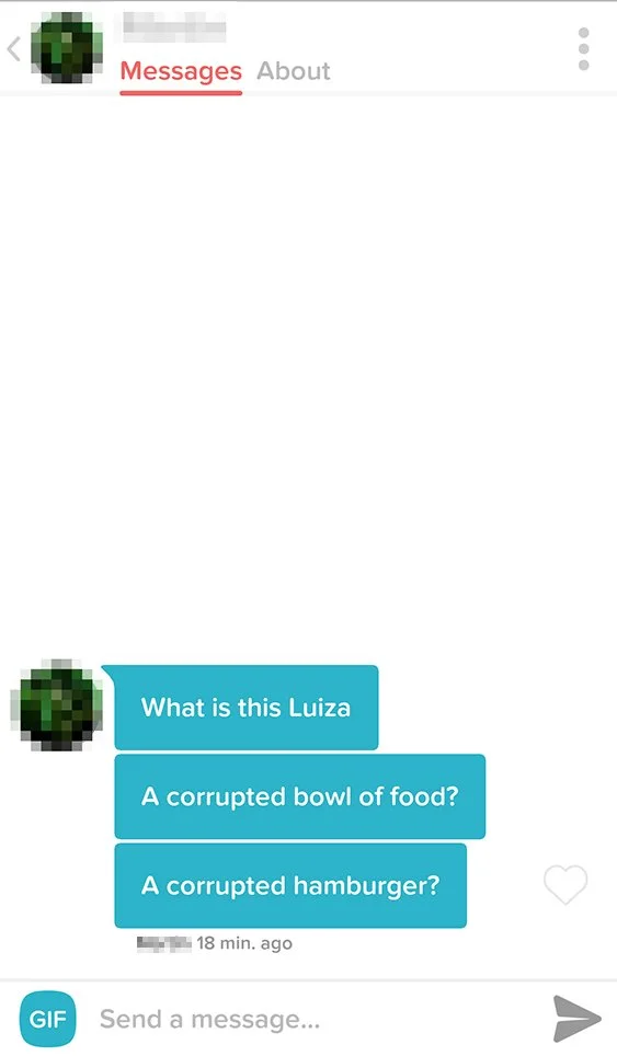 Chat conversation with a person asking about a food item. The message suggests the food looks like a corrupted bowl of food or a corrupted hamburger.