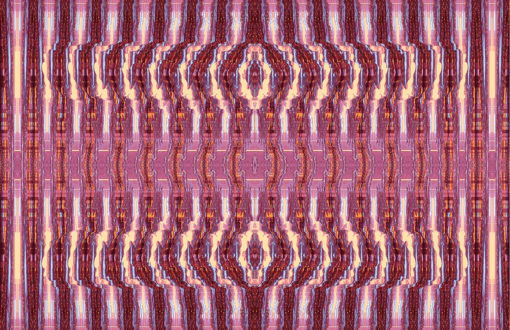 A complex, symmetrical digital art pattern with vertical wavy lines in pink, purple, orange, and white, creating an abstract, kaleidoscopic effect.