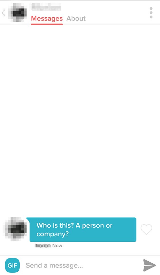 A screenshot of a messaging app conversation with a question about the identity of the sender, asking if they are a person or a company.