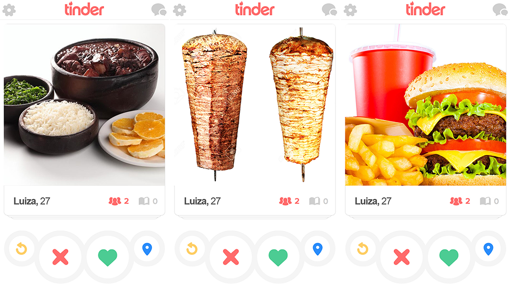 Screenshots of a Tinder app profile showing images of food items: a traditional Brazilian dish with rice, beans, and orange slices; two skewers of grilled meat; and a burger with fries and a soda.