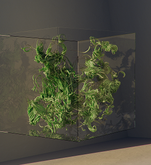 A glass display case containing green, leafy, curly plant-like sculptures.