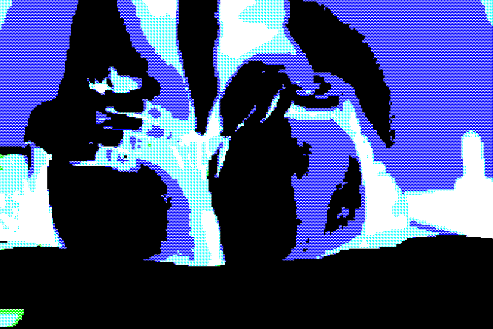 Stylized digital image of a woman using a laptop with a large abstract eye design in the background.