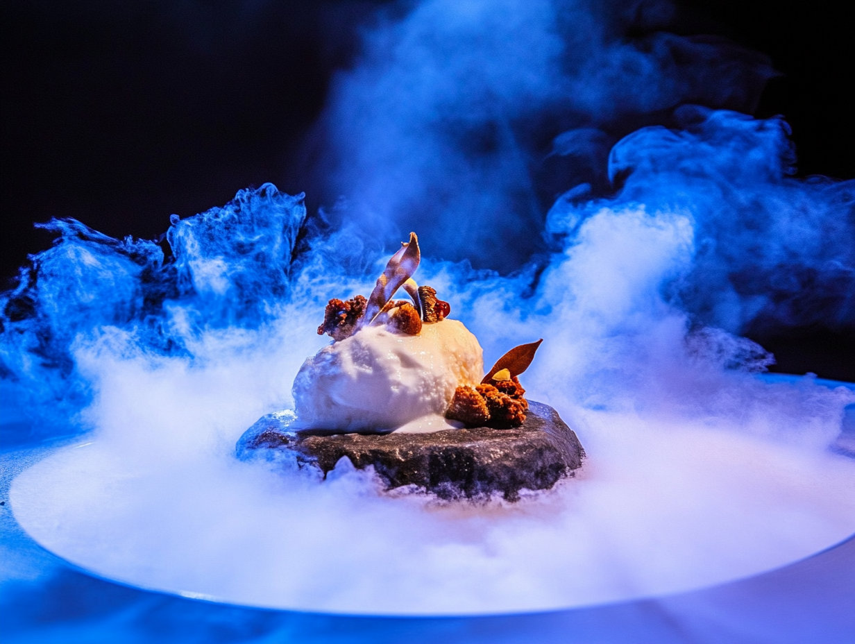 Deconstructed gourmet dessert with ice cream, caramelized toppings, and chocolate garnishes on a rock with smoky blue mist in the background.