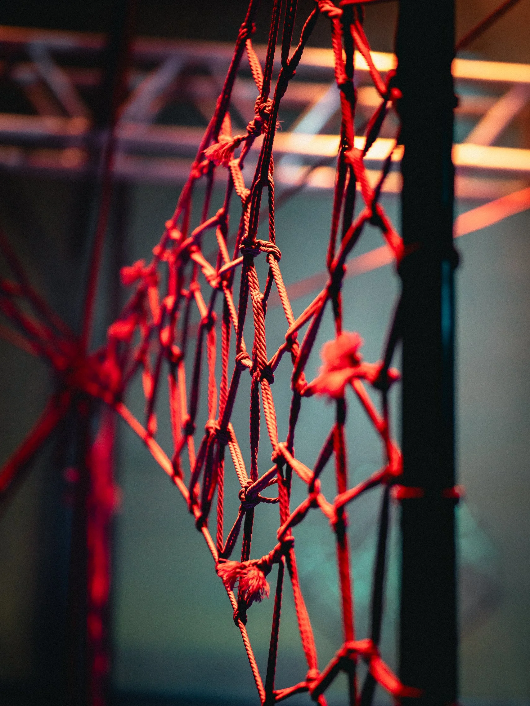 Close-up of a basketball hoop net illuminated with red and blue lighting.