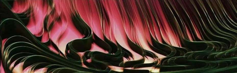 Abstract artwork with swirling pink and green lines.