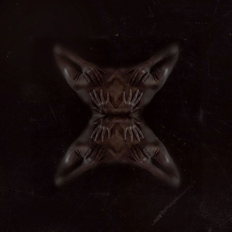 Mirrored image of a person's torso with arms and hands in different positions, creating a symmetrical pattern on a dark background.