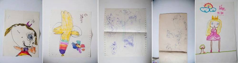 A collage of children's drawings, including a girl with a headband, a rainbow-colored trumpet, a blue bird, a queen with a crown, and a girl in a pink dress with a crown.