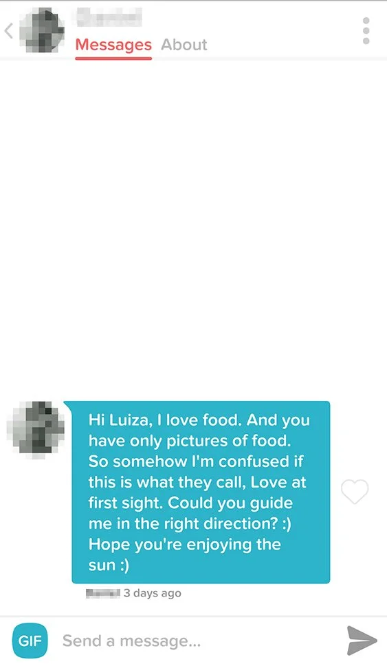 A text message conversation on a mobile phone screen, with a message from a person expressing confusion and asking for guidance, mentioning love of food and sunshine.