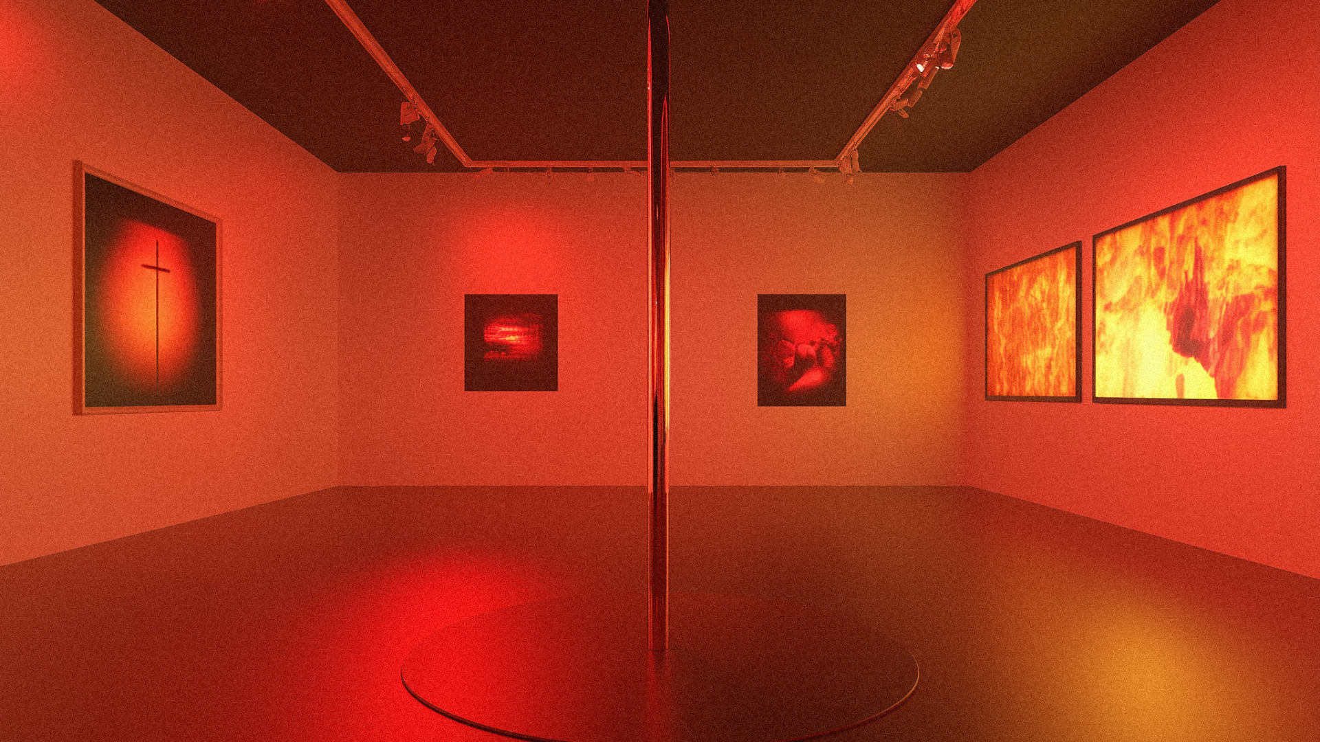 An art gallery room illuminated with red lighting, featuring framed artwork on the walls and a central pole with a reflective surface.