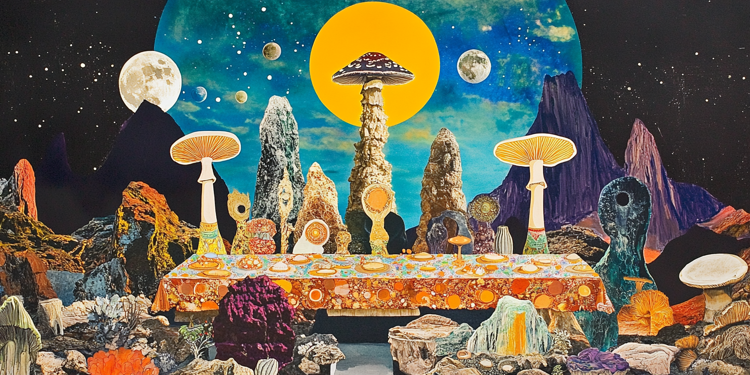 Surreal digital artwork of a cosmic landscape with mountains, moons, and planets. Large mushrooms tower over a decorated tablecloth-covered surface with various smaller mushrooms and abstract shapes, set against a starry sky with a bright yellow sun or planet in the background.