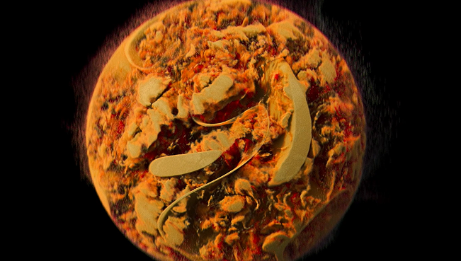 Close-up of a planet with rocky, molten-textured surface and bright yellow streaks.