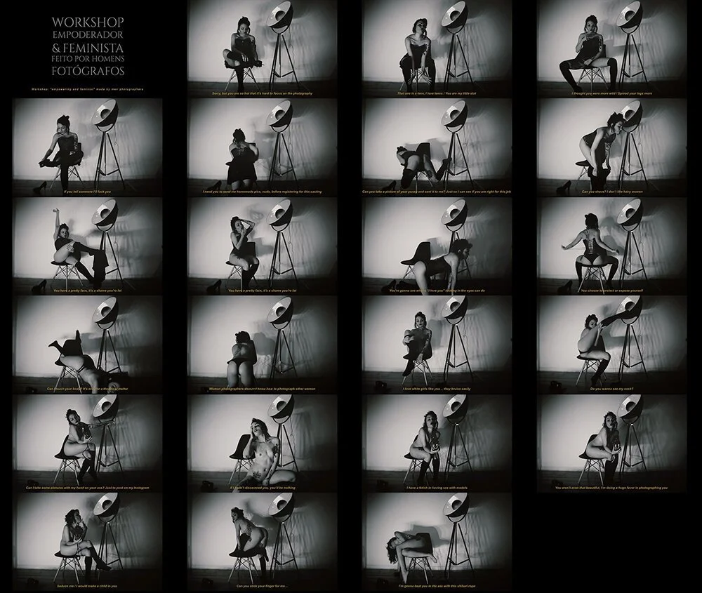 A collage of black-and-white photos featuring women posing in a photography studio with a large studio light. Each image has a caption with humorous or provocative commentary.