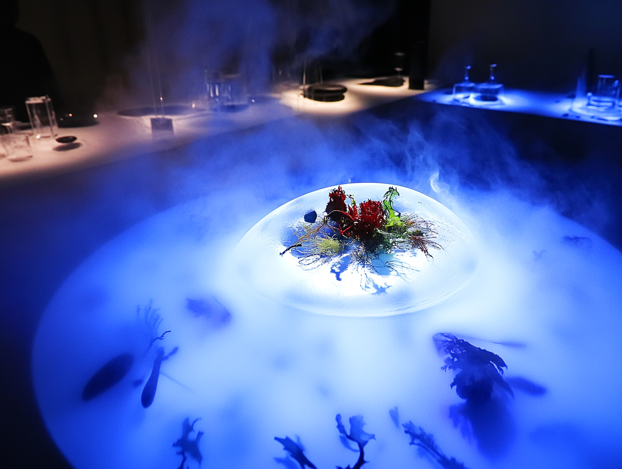 A glowing, misty blue table with an underwater scene featuring fish and a plant centerpiece, illuminated by blue light.