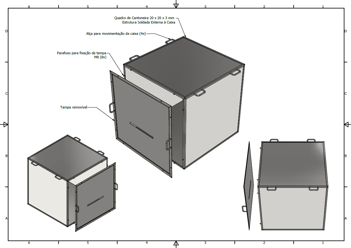 Technical diagram of an electrical box with parts labeled in Portuguese, showing different views and components including a removable cover, brackets, and structure specifications.