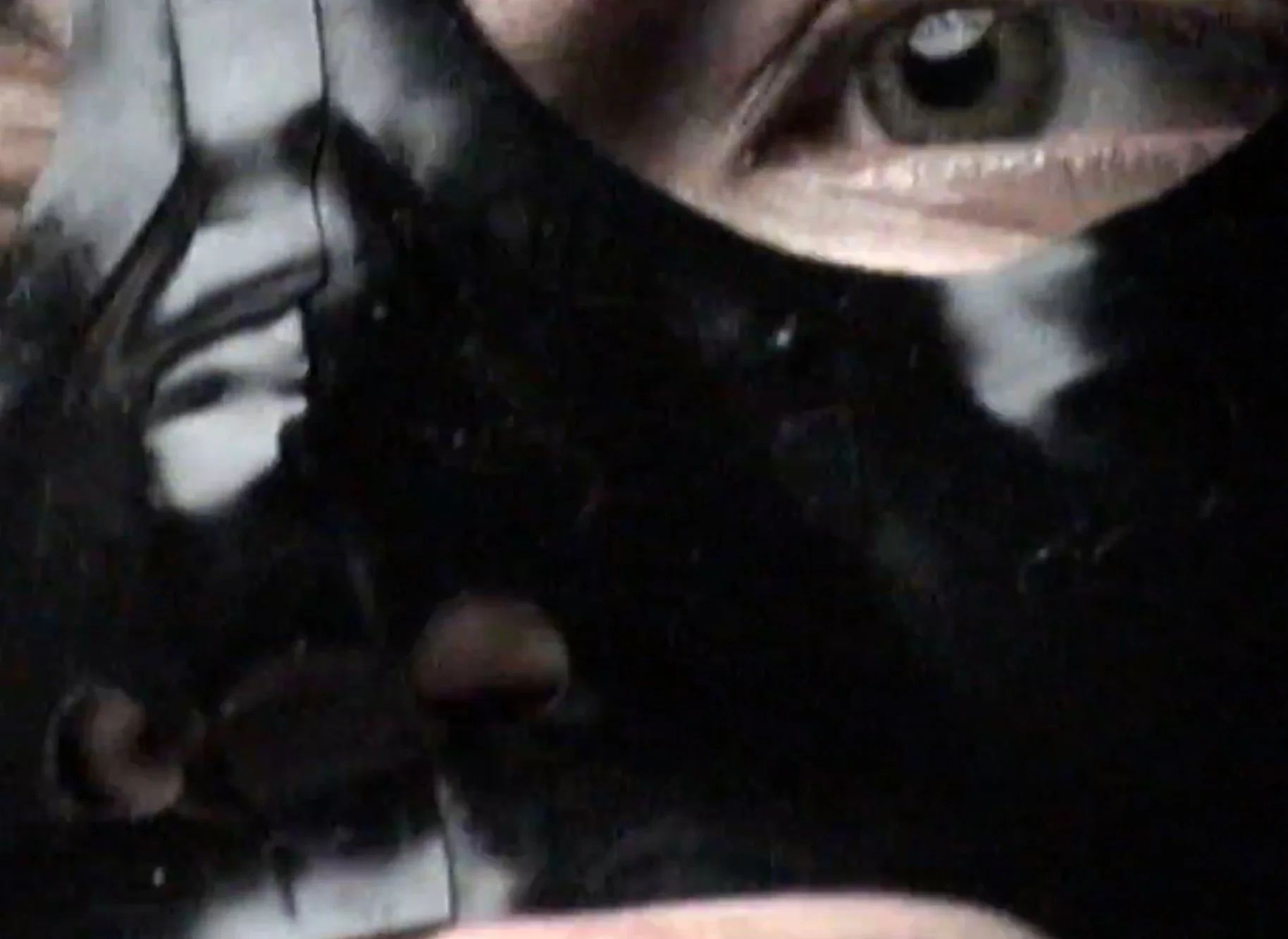 Close-up of a black and white cat, partially obscured, with visible eye, nose, and whiskers.