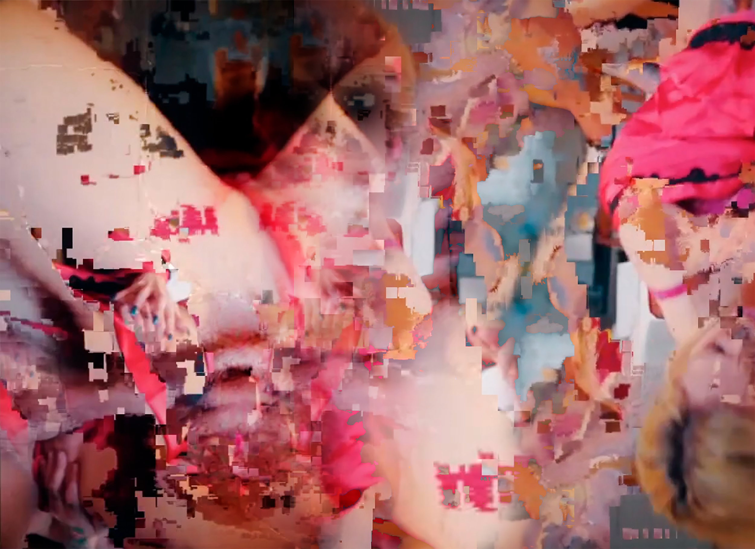 A woman in a pink and black dress lying on the ground, with her legs raised and several children and adults around her, some holding the woman. The image appears pixelated and distorted.