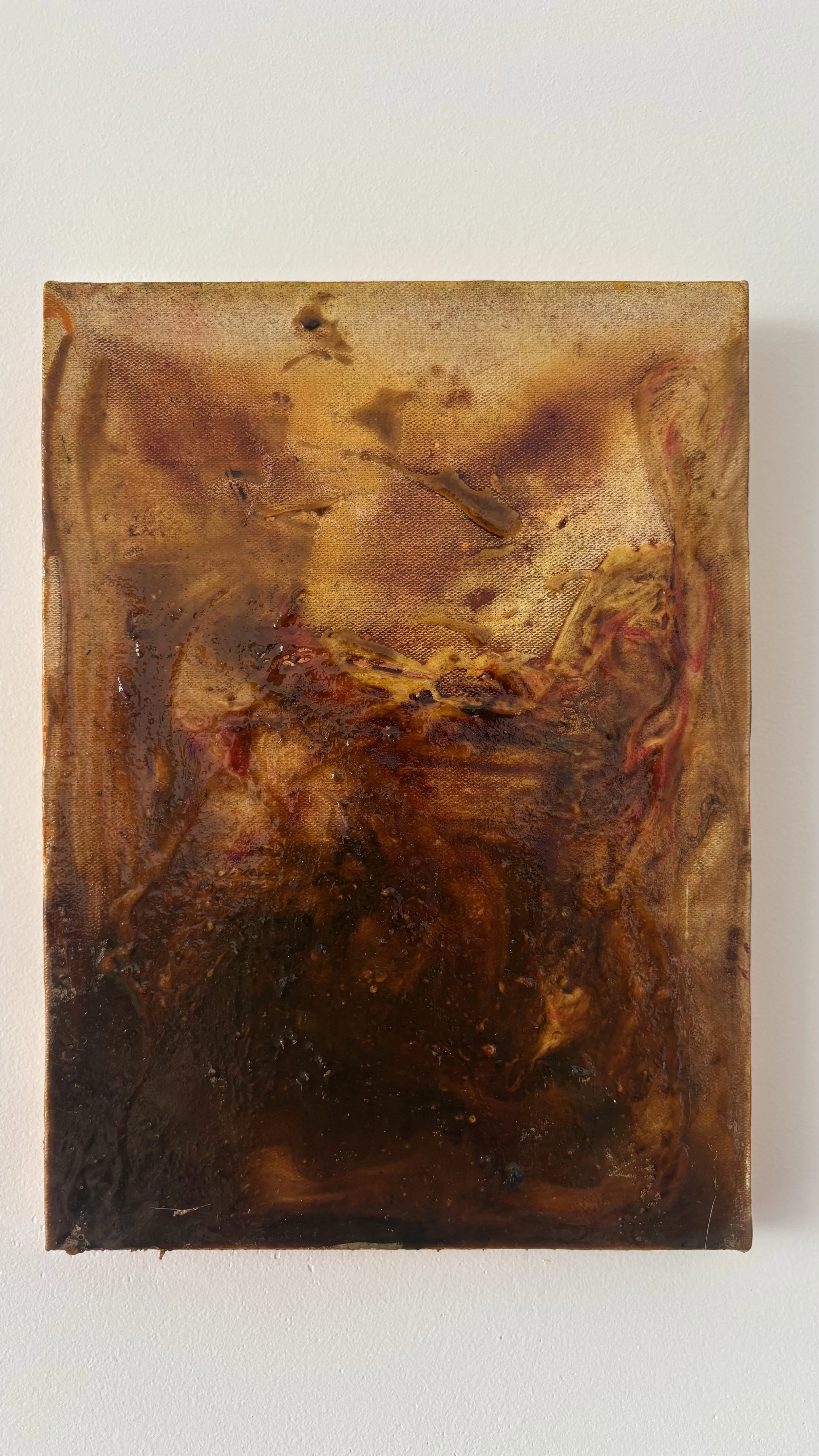 Abstract painting with warm earthy tones of brown, gold, red, and black, with textured and swirling patterns.