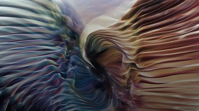 Abstract digital artwork with flowing, multicolored, wave-like patterns in shades of blue, purple, beige, and pink.