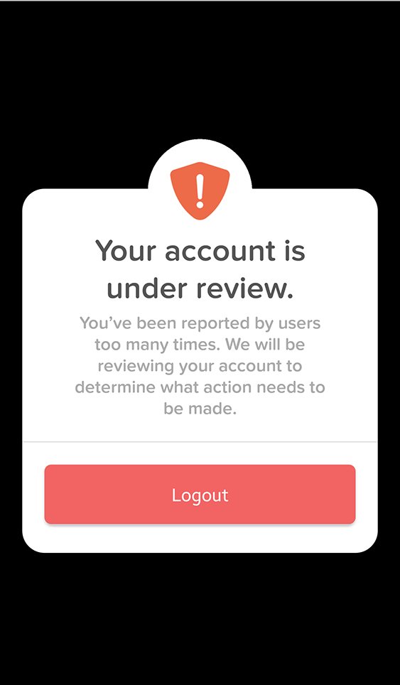 Mobile device screen displaying a warning message that an account is under review due to multiple reports, with a red Logout button at the bottom.