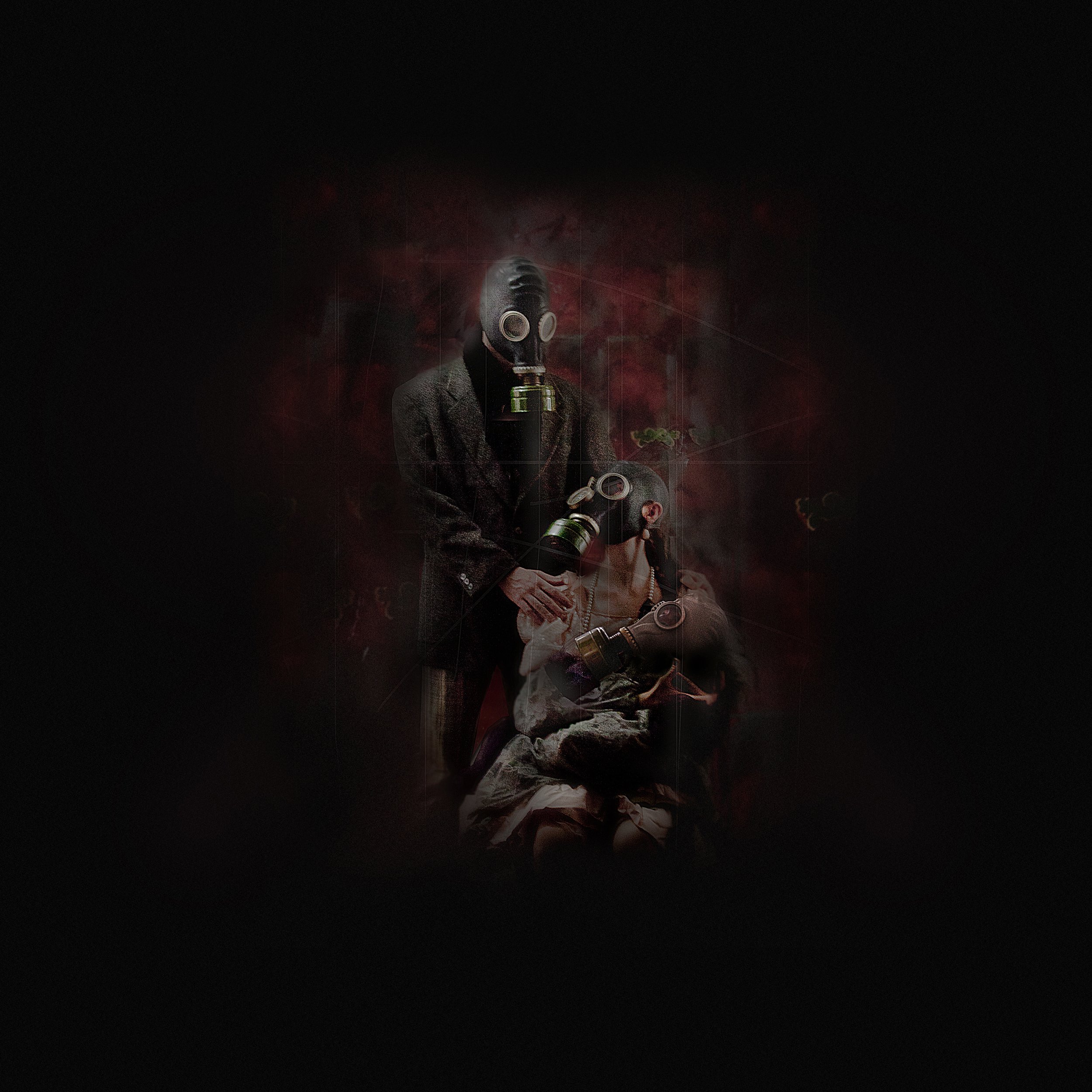 A digitally manipulated photo of two people wearing gas masks, with one standing and the other sitting, against a dark, smoky background with red hues.