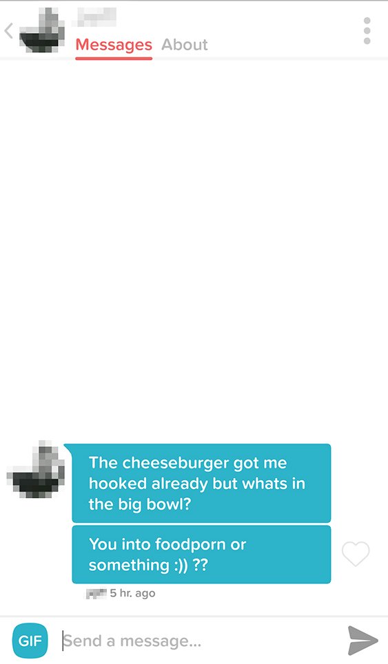 A screenshot of a messaging app showing a conversation with a text message that says, 'The cheeseburger got me hooked already but whats in the big bowl? You into foodporn or something :)) ??' The message appears to be from a person and is sent about