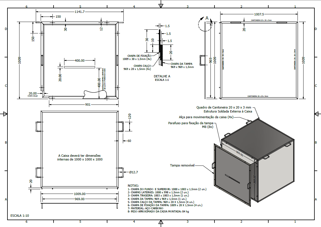 Technical drawing of an electrical box with detailed measurements and assembly instructions, including views of the box's top, front, and side perspectives.