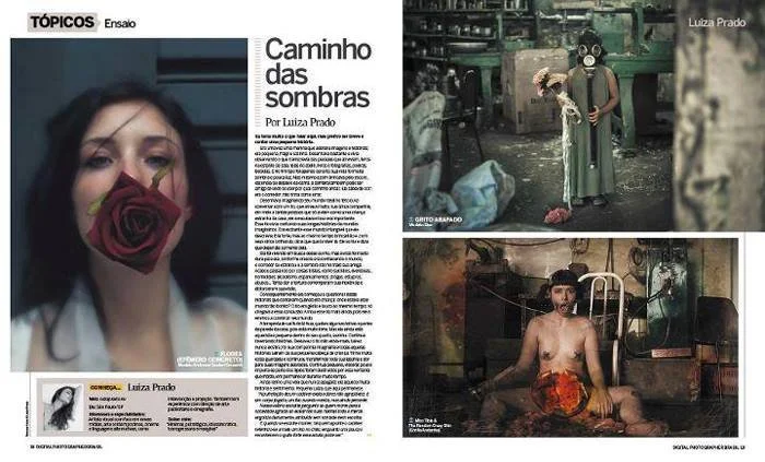Magazine spread with photo of a woman with a rose in her mouth, another woman in a factory environment with skulls, and a man with a burned head, discussing dark themes.