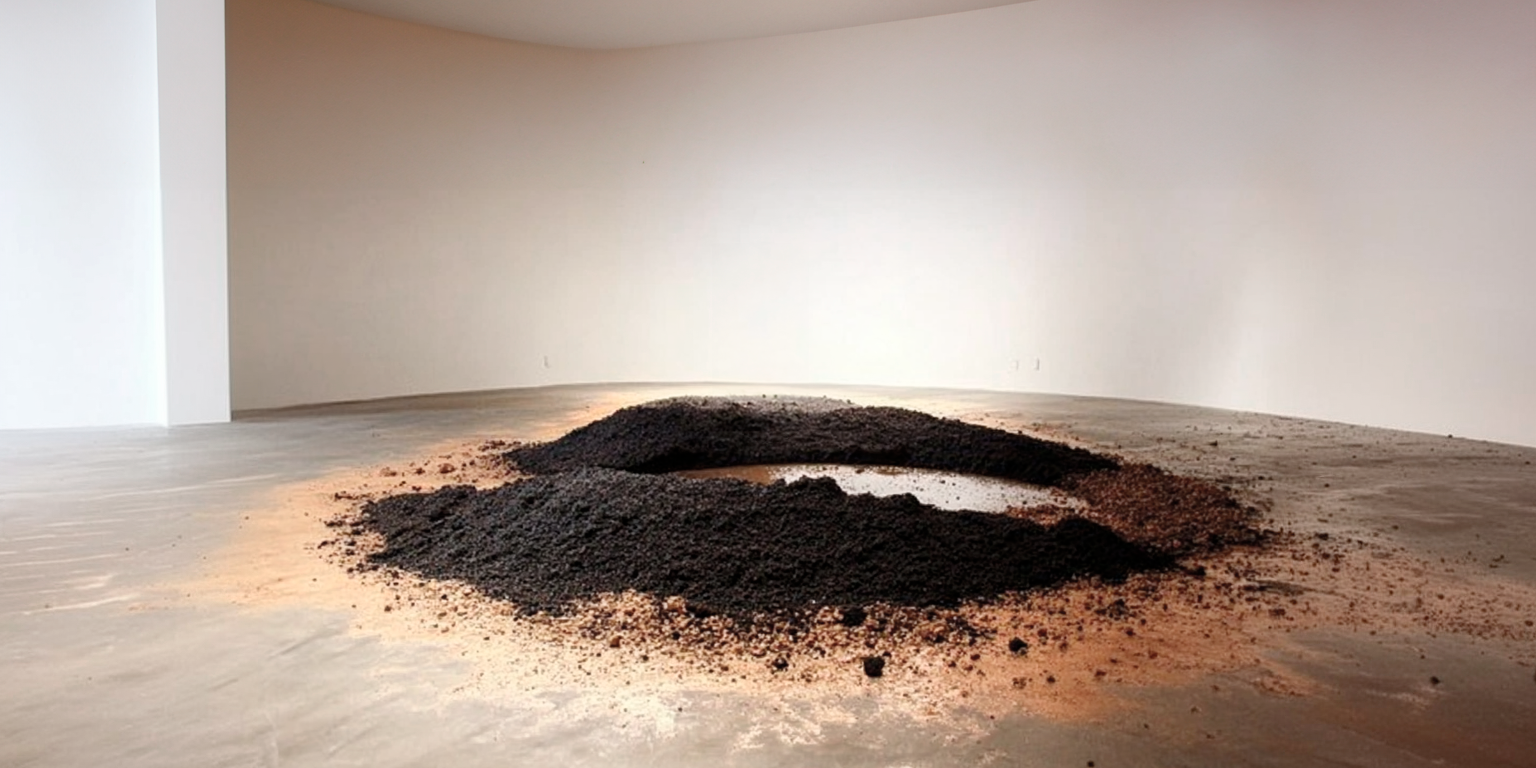 Indoor art installation with black powder arranged in a curved shape on a wooden floor, against a plain white wall.