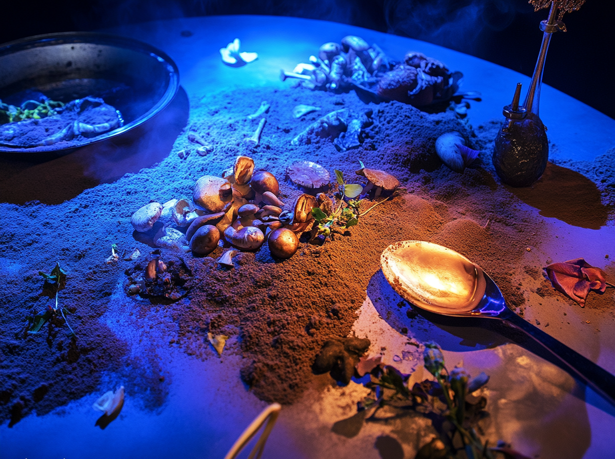 A scene of archaeological excavation with scattered shells and artifacts on sandy ground illuminated by blue and orange lighting.