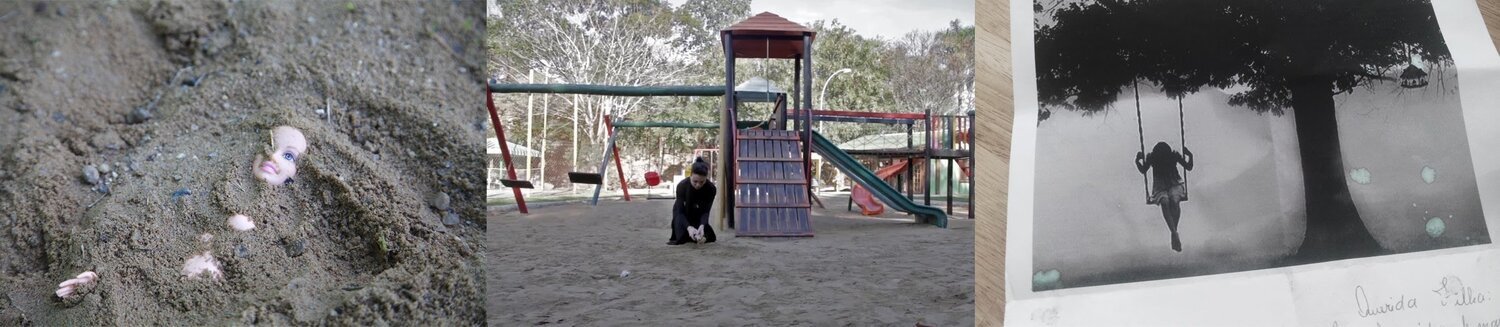 A collage of three images: first shows a doll's head buried in the dirt; second features a woman at a playground with a slide and swings; third depicts a black and white photo of a girl on a swing under a tree with a child's name written underneath.