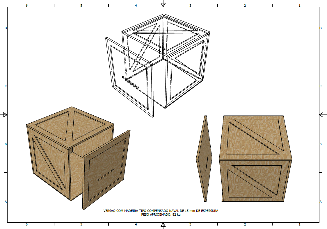 Technical drawing showing wooden box parts with different views, including an exploded view, front, and side perspectives, labeled in Portuguese.
