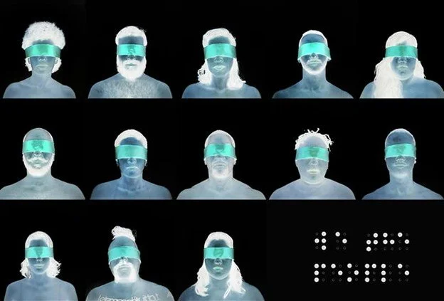 A collage of fifteen people wearing virtual reality goggles with different hairstyles and facial expressions, against a black background.