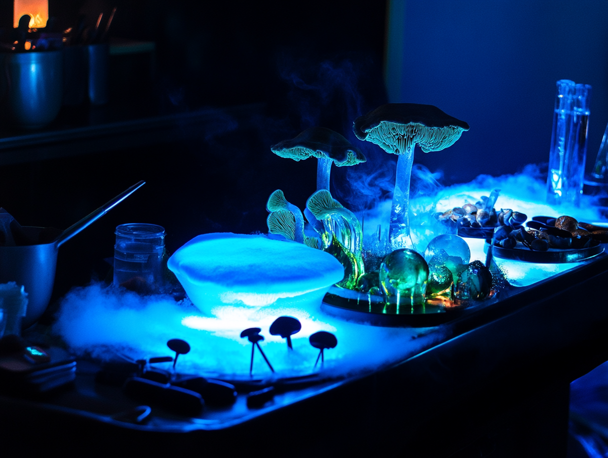 Luminous artificial mushrooms and decorative glass orbs on a science-themed display with glowing and fog effects.