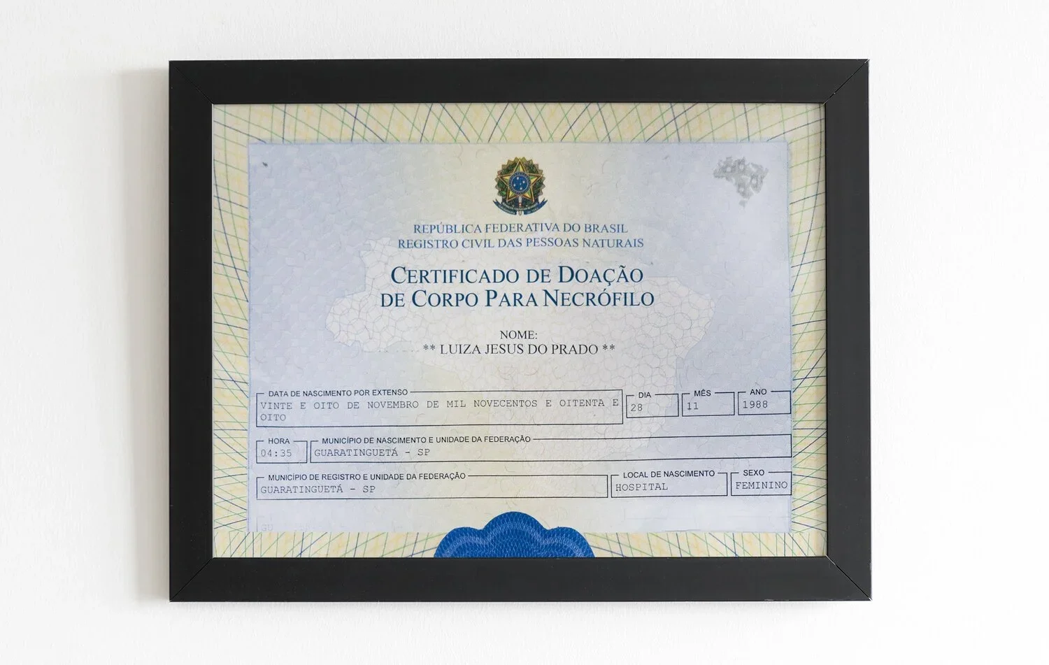 Framed Brazilian death body donation certificate for Luiza Jesus do Prado, issued November 28, 1988, in Guaratinguetá, SP.