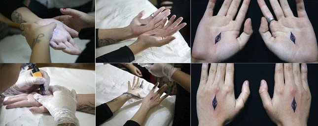 Series of images showing a tattoo artist inking a tattoo design on a person's hand and wrist.
