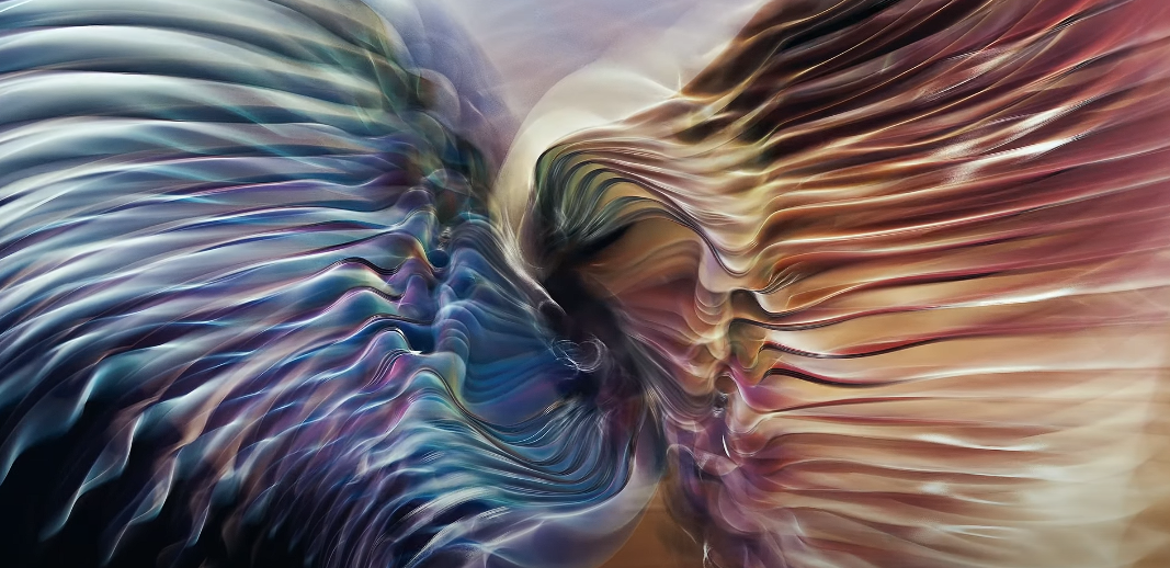 Abstract digital art with swirling, layered ribbons of blue, purple, pink, and cream colors forming a flowing, dynamic pattern.