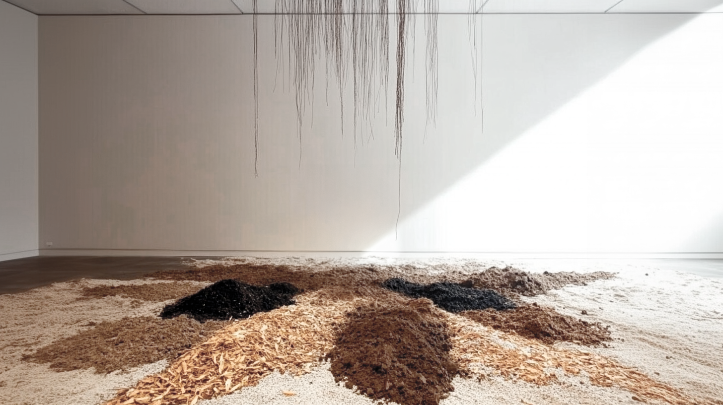 An art installation featuring a large pile of various natural and dark-colored materials on the floor, with hanging roots or strands on a white wall and a diagonal beam of light illuminating part of the scene.