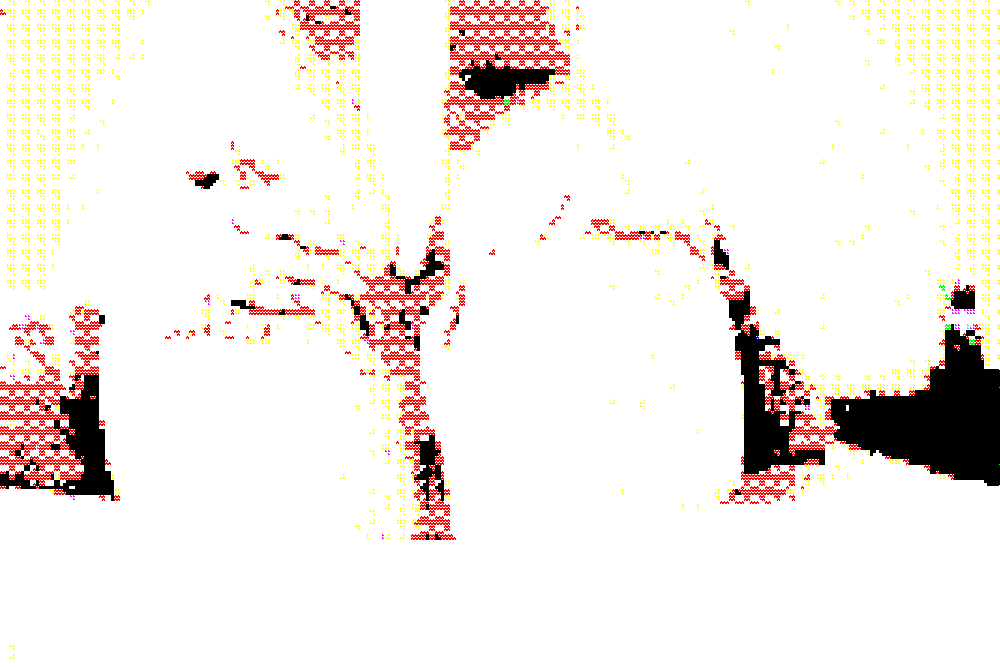 A pixelated image of two women sharing a drink with a straw, smiling at each other.