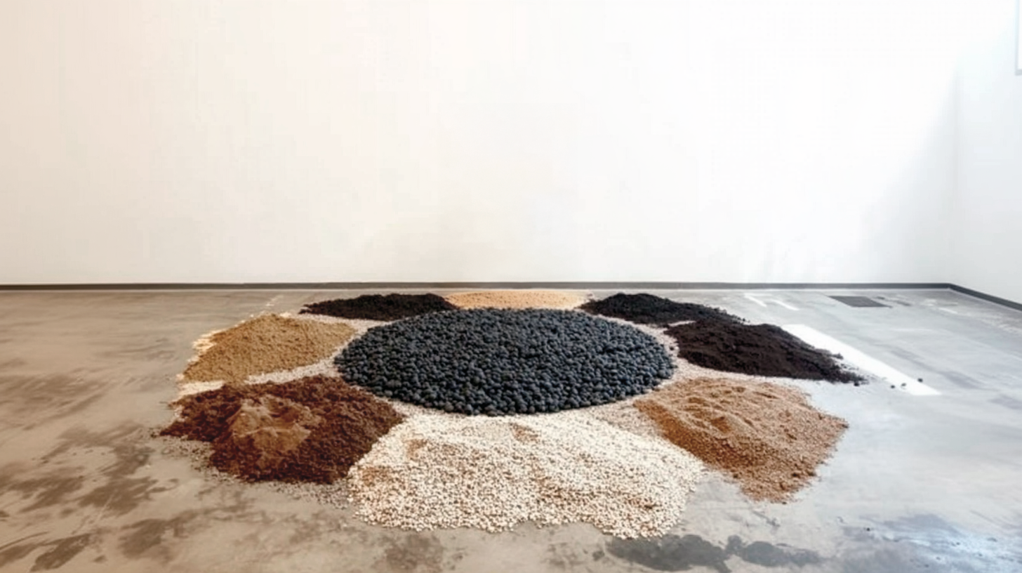 An art installation with various types of grains and seeds arranged in circular patterns on the floor of a gallery.