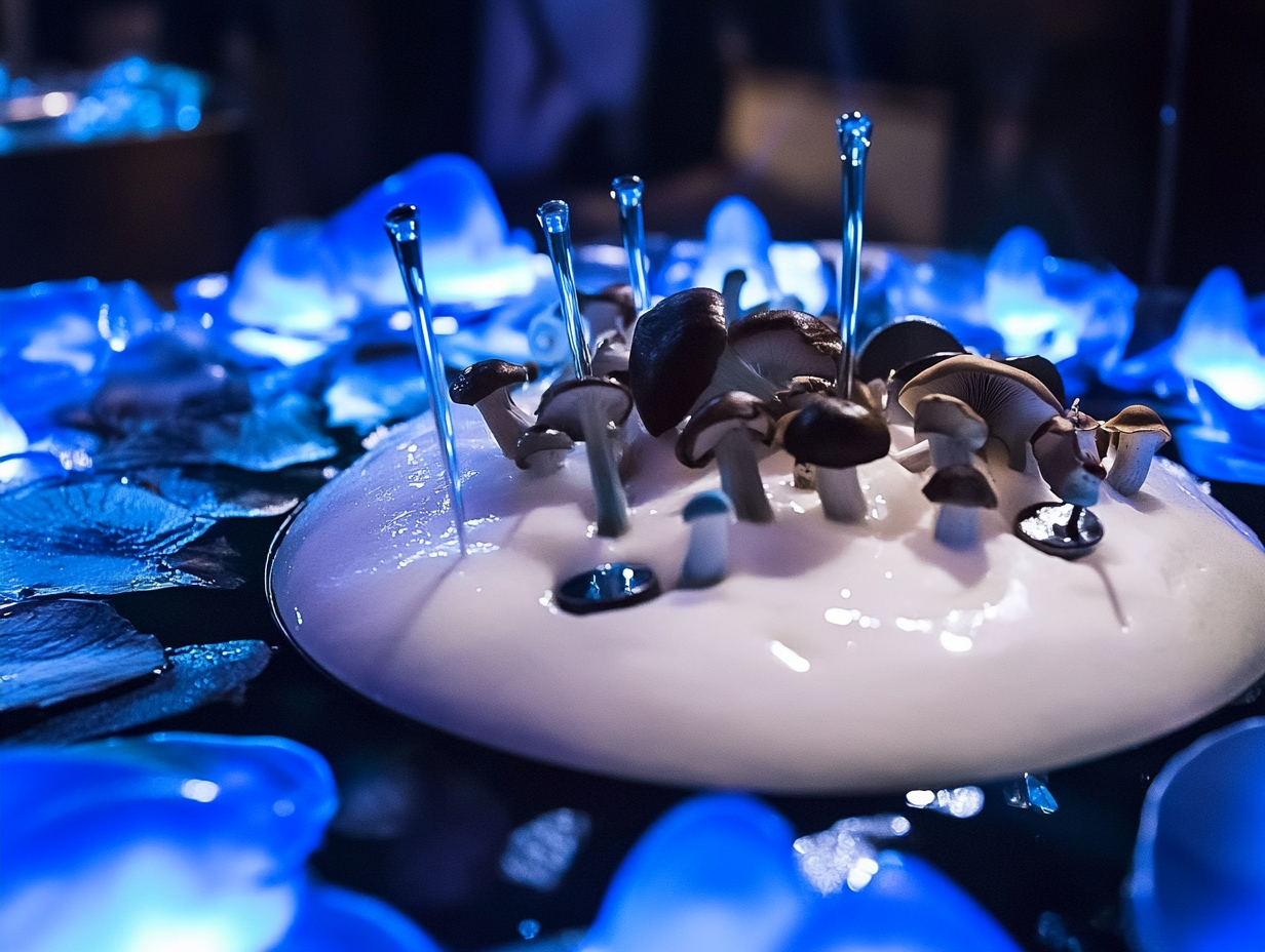 A cake decorated with chocolate mushrooms and topped with glass-like candles, surrounded by blue glowing leaves.